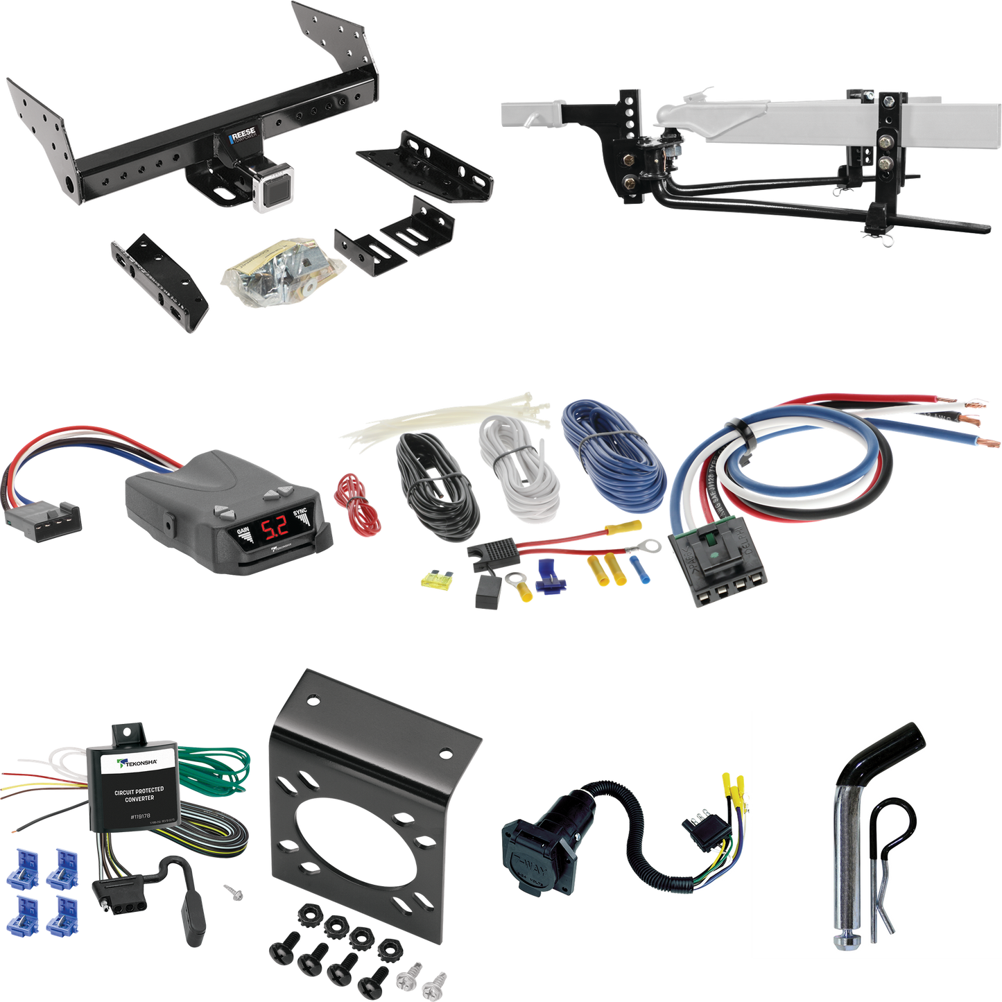 Fits 1986-1996 Ford Aerostar Trailer Hitch Tow PKG w/ 6K Round Bar Weight Distribution Hitch w/ 2-5/16" Ball + Pin/Clip + Tekonsha Brakeman IV Brake Control + Generic BC Wiring Adapter + 7-Way RV Wiring (For Extended Body Models) By Reese Towpower