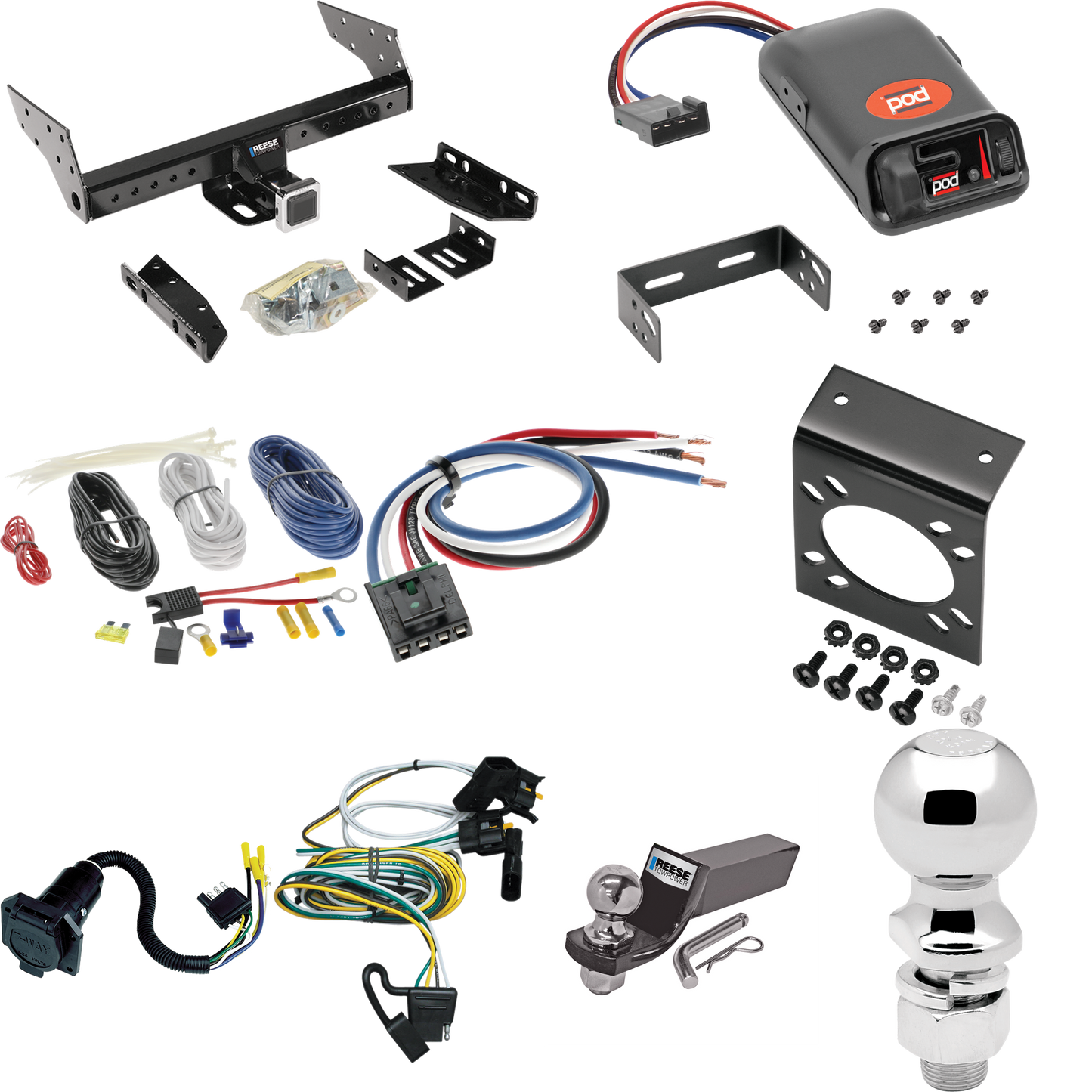 Fits 1997-1997 Ford Aerostar Trailer Hitch Tow PKG w/ Pro Series POD Brake Control + Generic BC Wiring Adapter + 7-Way RV Wiring + 2" & 2-5/16" Ball & Drop Mount (For Extended Body Models) By Reese Towpower