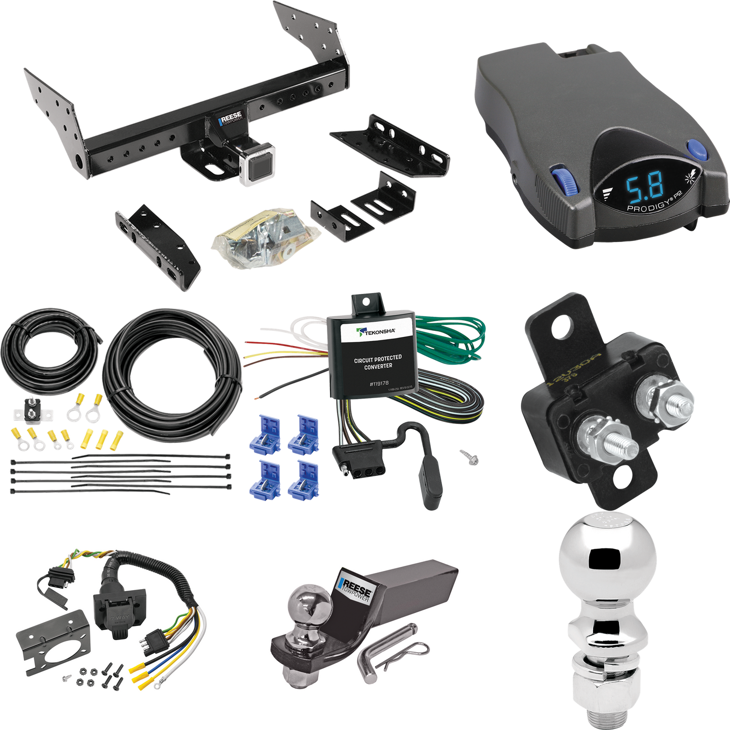 Se adapta al paquete de enganche de remolque Nissan D21 1988-1994 con control de freno Tekonsha Prodigy P2 + cableado RV de 7 vías + soporte de bola y caída de 2" y 2-5/16" de Reese Towpower