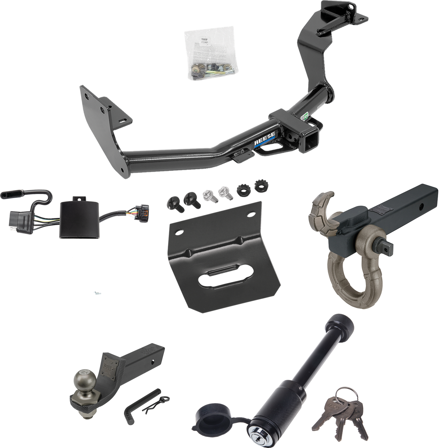 Fits 2019-2020 Hyundai Santa Fe Trailer Hitch Tow PKG w/ 4-Flat Wiring + Interlock Tactical Starter Kit w/ 2" Drop & 2" Ball + Tactical Hook & Shackle Mount + Tactical Dogbone Lock + Wiring Bracket By Reese Towpower