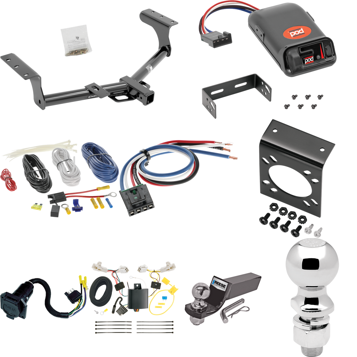 Fits 2013-2018 Toyota RAV4 Trailer Hitch Tow PKG w/ Pro Series POD Brake Control + Generic BC Wiring Adapter + 7-Way RV Wiring + 2" & 2-5/16" Ball & Drop Mount By Draw-Tite