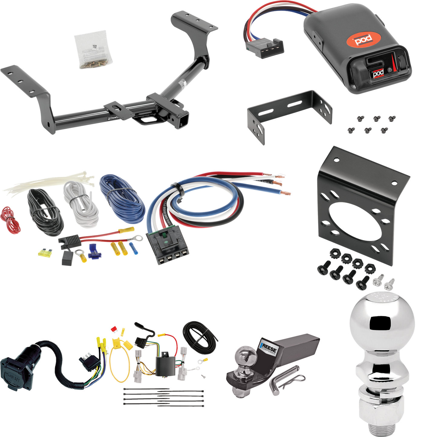 Fits 2006-2012 Toyota RAV4 Trailer Hitch Tow PKG w/ Pro Series POD Brake Control + Generic BC Wiring Adapter + 7-Way RV Wiring + 2" & 2-5/16" Ball & Drop Mount By Draw-Tite