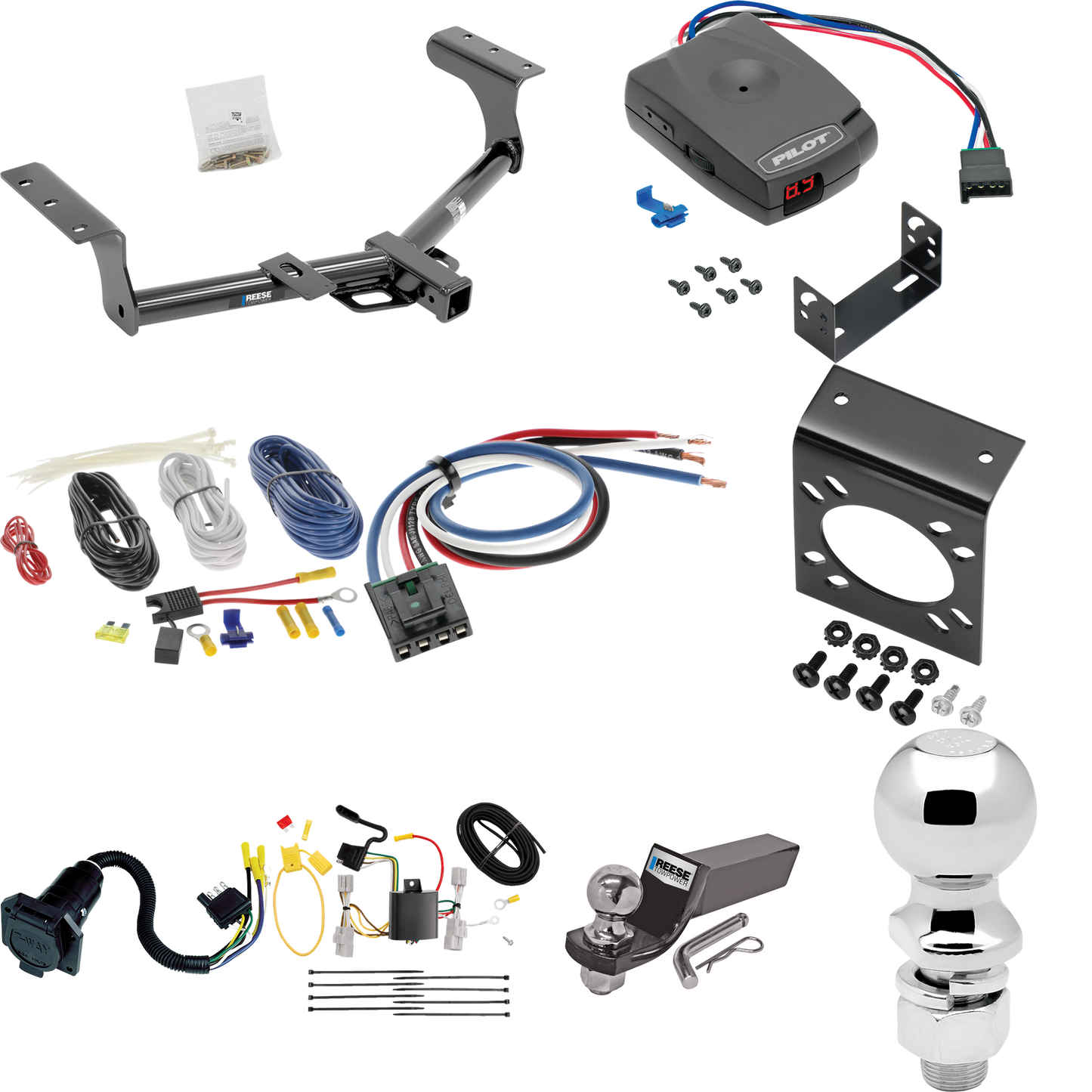 Fits 2006-2012 Toyota RAV4 Trailer Hitch Tow PKG w/ Pro Series Pilot Brake Control + Generic BC Wiring Adapter + 7-Way RV Wiring + 2" & 2-5/16" Ball & Drop Mount By Reese Towpower