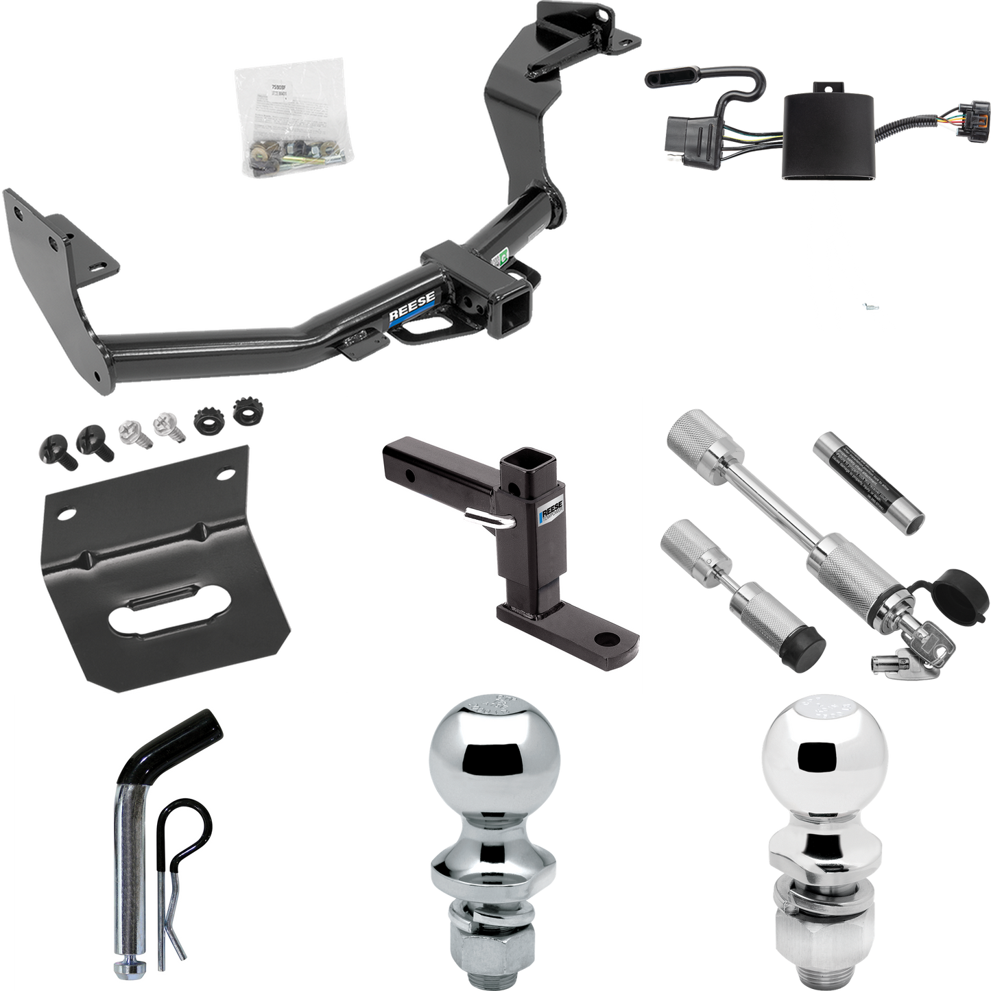 Fits 2019-2020 Hyundai Santa Fe Trailer Hitch Tow PKG w/ 4-Flat Wiring Harness + Adjustable Drop Rise Ball Mount + Pin/Clip + 2" Ball + 1-7/8" Ball + Dual Hitch & Coupler Locks By Reese Towpower