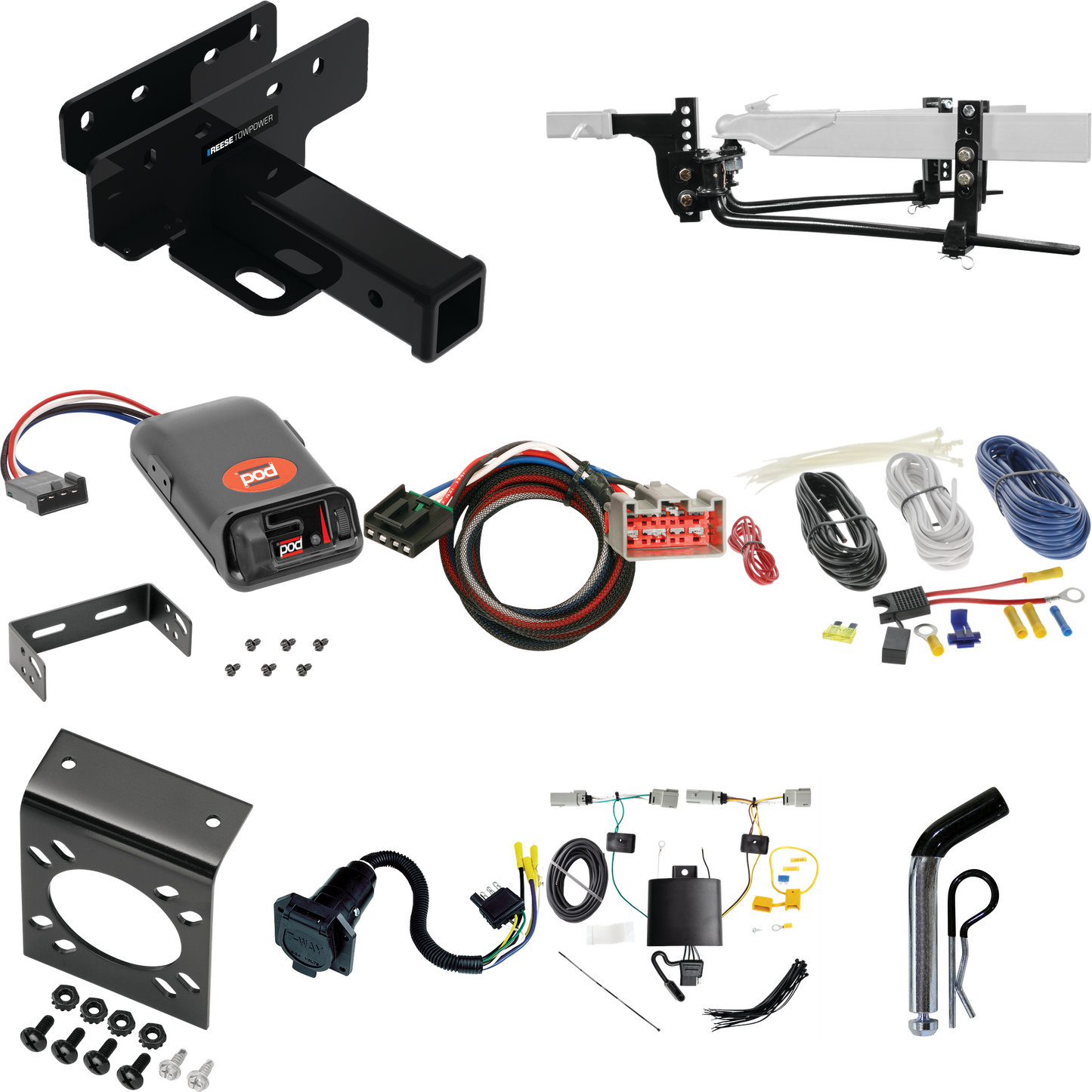 Fits 2021-2023 Ford Bronco Trailer Hitch Tow PKG w/ 8K Round Bar Weight Distribution Hitch w/ 2-5/16" Ball + Pin/Clip + Pro Series POD Brake Control + Plug & Play BC Adapter + 7-Way RV Wiring (Excludes: w/LED Taillights Models) By Reese Towpower