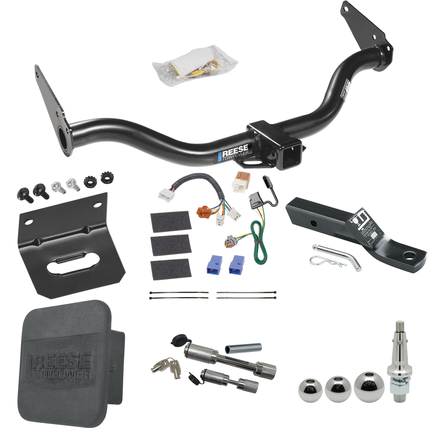 Fits 2005-2015 Nissan Xterra Trailer Hitch Tow PKG w/ 4-Flat Wiring + Ball Mount w/ 2" Drop + Interchangeable Ball 1-7/8" & 2" & 2-5/16" + Wiring Bracket + Dual Hitch & Coupler Locks + Hitch Cover By Reese Towpower