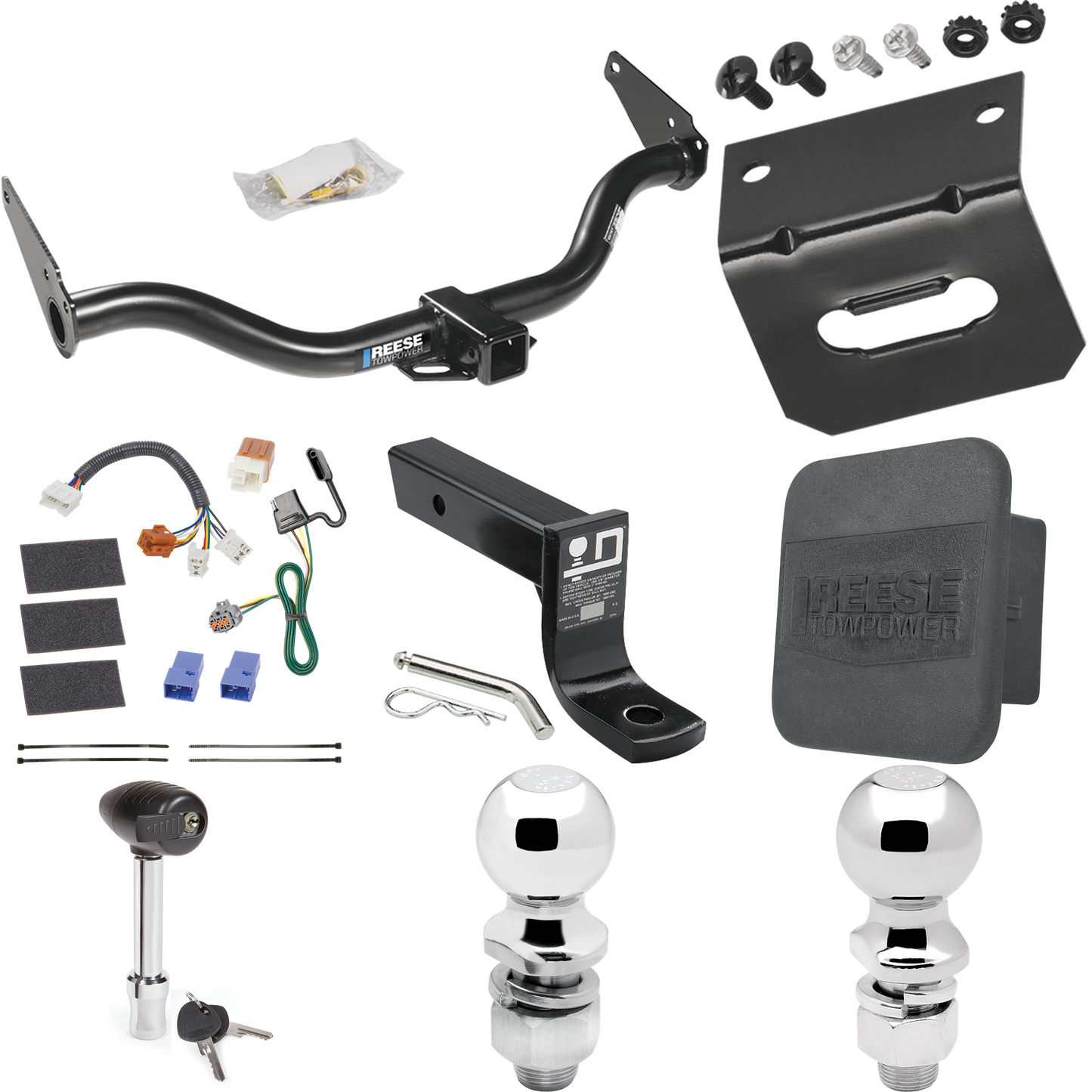 Se adapta al paquete de enganche de remolque Nissan Xterra 2005-2015 con cableado de 4 planos + soporte de bola con caída de 4" + bola de 2" + bola de 2-5/16" + soporte de cableado + bloqueo de enganche + cubierta de enganche de Reese Towpower