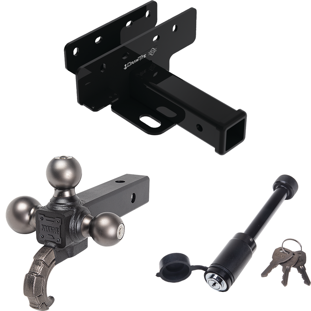 Fits 2021-2023 Ford Bronco Trailer Hitch Tow PKG + Triple Ball Tactical Ball Mount 1-7/8" & 2" & 2-5/16" Balls w/ Tow Hook + Tactical Dogbone Lock (Excludes: w/LED Taillights Models) By Draw-Tite