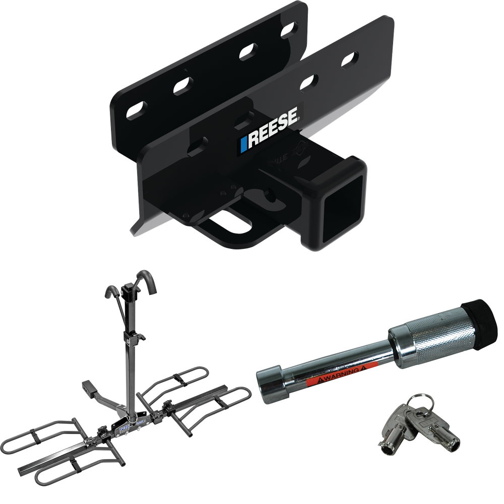 Fits 2021-2023 Ford Bronco Trailer Hitch Tow PKG w/ 2 Bike Plaform Style Carrier Rack + Hitch Lock (For w/LED Taillights, Except Models w/OEM Hitch Models) By Reese Towpower