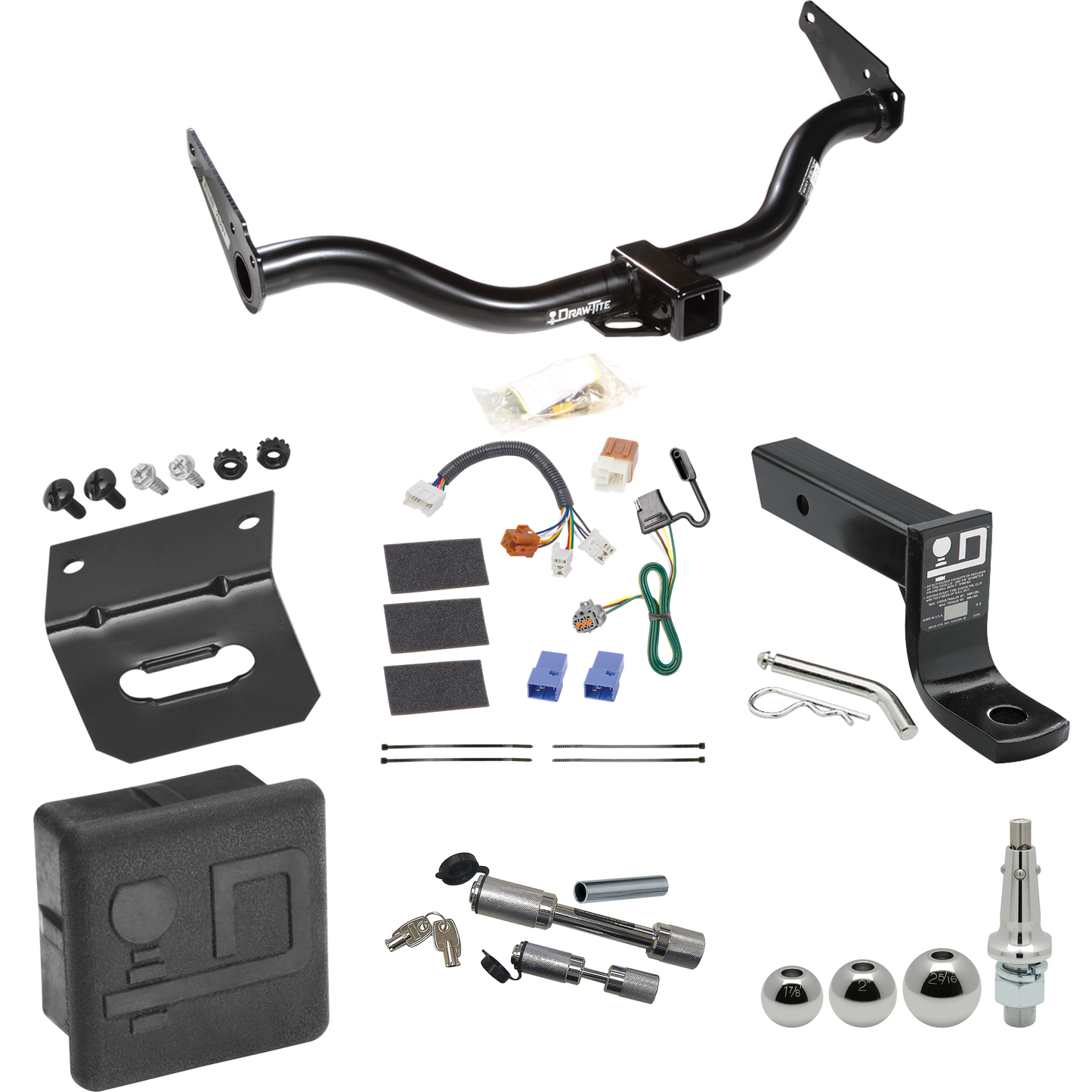 Fits 2005-2015 Nissan Xterra Trailer Hitch Tow PKG w/ 4-Flat Wiring + Ball Mount w/ 4" Drop + Interchangeable Ball 1-7/8" & 2" & 2-5/16" + Wiring Bracket + Dual Hitch & Coupler Locks + Hitch Cover By Draw-Tite