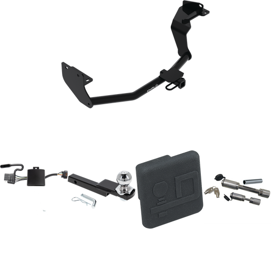 Fits 2019-2020 Hyundai Santa Fe Trailer Hitch Tow PKG w/ 4-Flat Wiring Harness + Interlock Starter Kit w/ 2" Ball 1-1/4" Drop 3/4" Rise + Hitch Cover + Dual Hitch & Coupler Locks By Draw-Tite