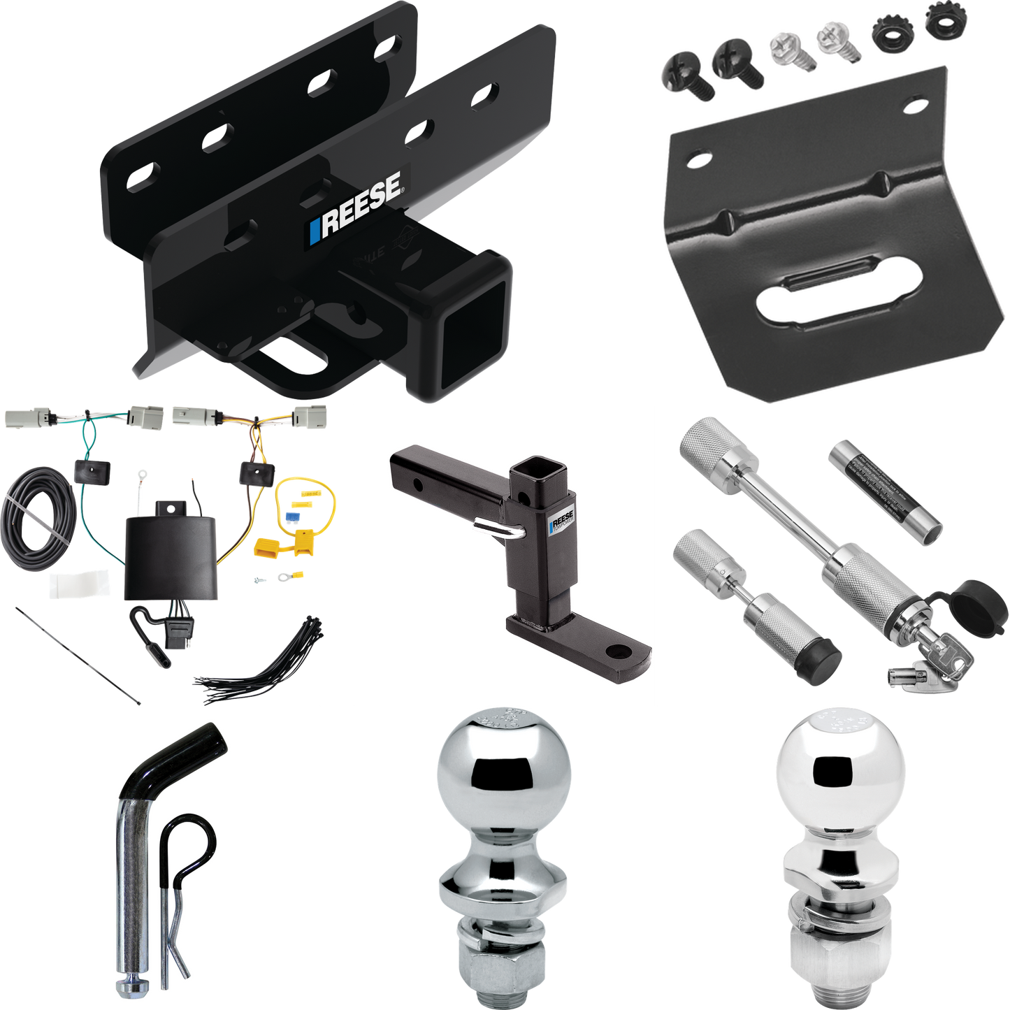 Fits 2021-2023 Ford Bronco Trailer Hitch Tow PKG w/ 4-Flat Wiring Harness + Adjustable Drop Rise Ball Mount + Pin/Clip + 2" Ball + 1-7/8" Ball + Dual Hitch & Coupler Locks (Excludes: w/LED Taillights or w/OEM Hitch Models) By Reese Towpower