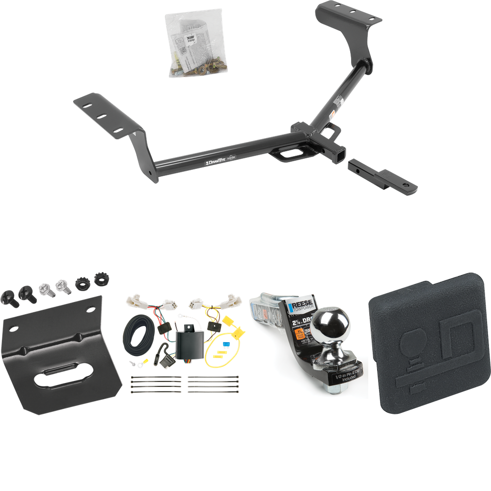 Fits 2013-2018 Toyota RAV4 Trailer Hitch Tow PKG w/ 4-Flat Wiring Harness + Interlock Starter Kit w/ 2" Ball 2-1/2" Drop 2" Rise + Wiring Bracket + Hitch Cover By Draw-Tite