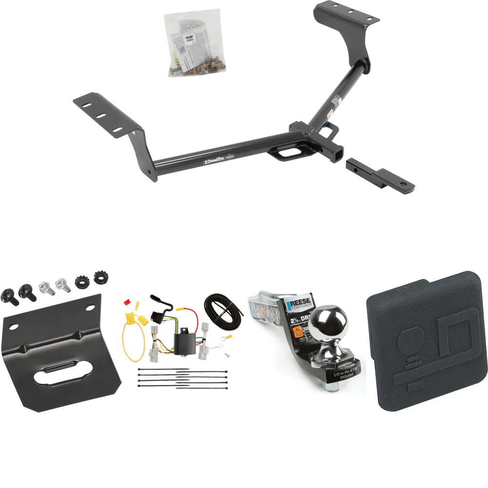 Fits 2006-2012 Toyota RAV4 Trailer Hitch Tow PKG w/ 4-Flat Wiring Harness + Interlock Starter Kit w/ 2" Ball 2-1/2" Drop 2" Rise + Wiring Bracket + Hitch Cover By Draw-Tite