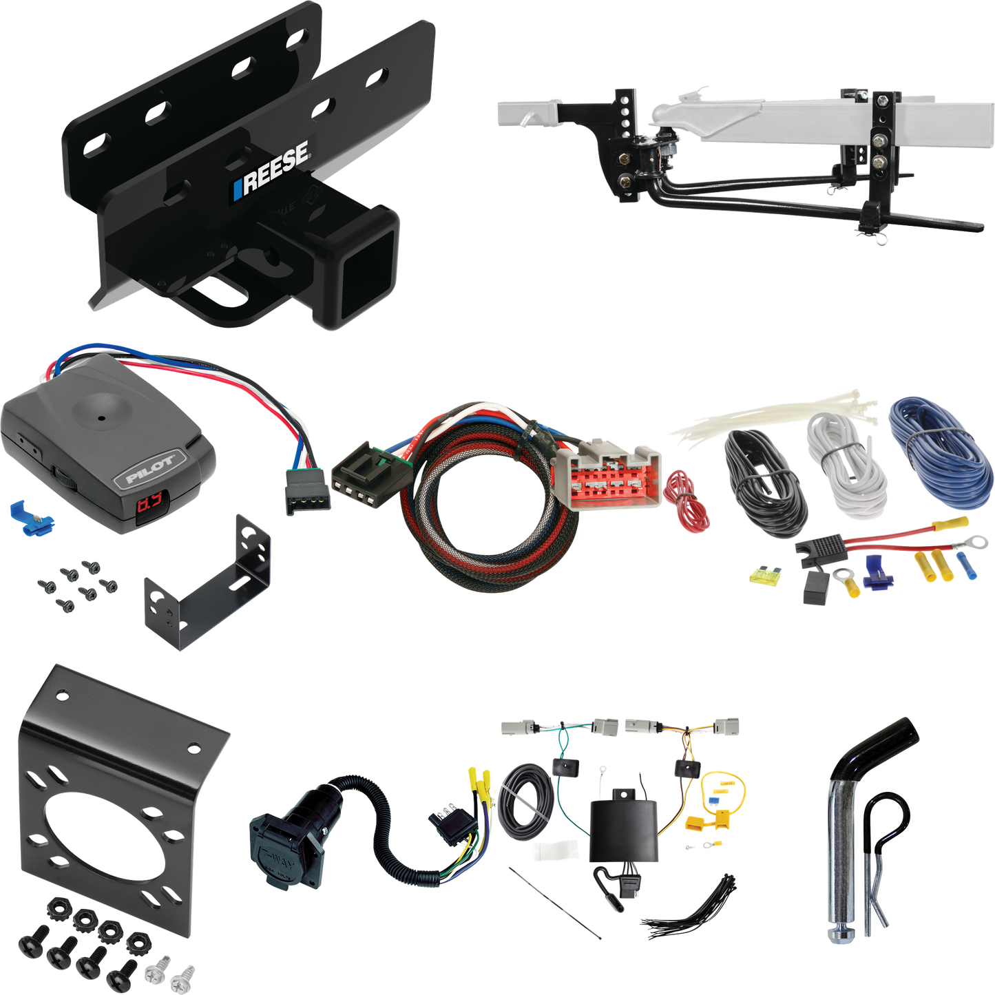 Fits 2021-2023 Ford Bronco Trailer Hitch Tow PKG w/ 8K Round Bar Weight Distribution Hitch w/ 2-5/16" Ball + Pin/Clip + Pro Series Pilot Brake Control + Plug & Play BC Adapter + 7-Way RV Wiring (Excludes: w/LED Taillights or w/OEM Hitch Models) By Re