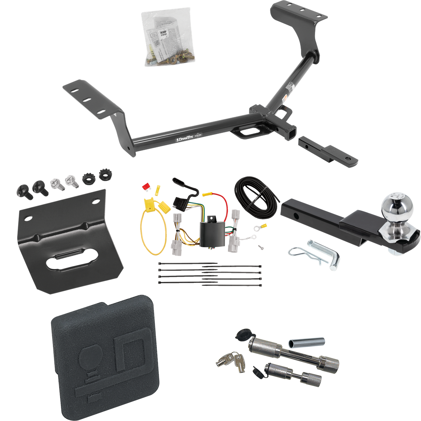 Fits 2006-2012 Toyota RAV4 Trailer Hitch Tow PKG w/ 4-Flat Wiring Harness + Interlock Starter Kit w/ 2" Ball 1-1/4" Drop 3/4" Rise + Wiring Bracket + Hitch Cover + Dual Hitch & Coupler Locks By Draw-Tite