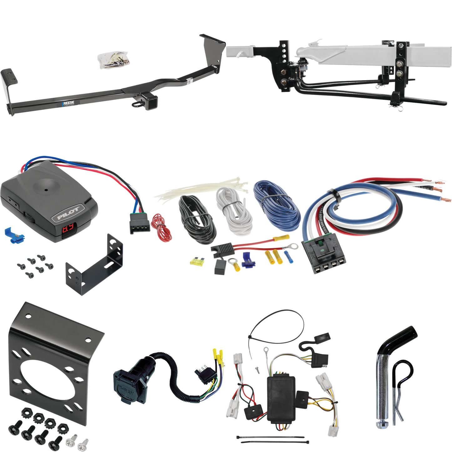 Fits 2010-2012 Hyundai Santa Fe Trailer Hitch Tow PKG w/ 6K Round Bar Weight Distribution Hitch w/ 2-5/16" Ball + Pin/Clip + Pro Series Pilot Brake Control + Generic BC Wiring Adapter + 7-Way RV Wiring By Reese Towpower