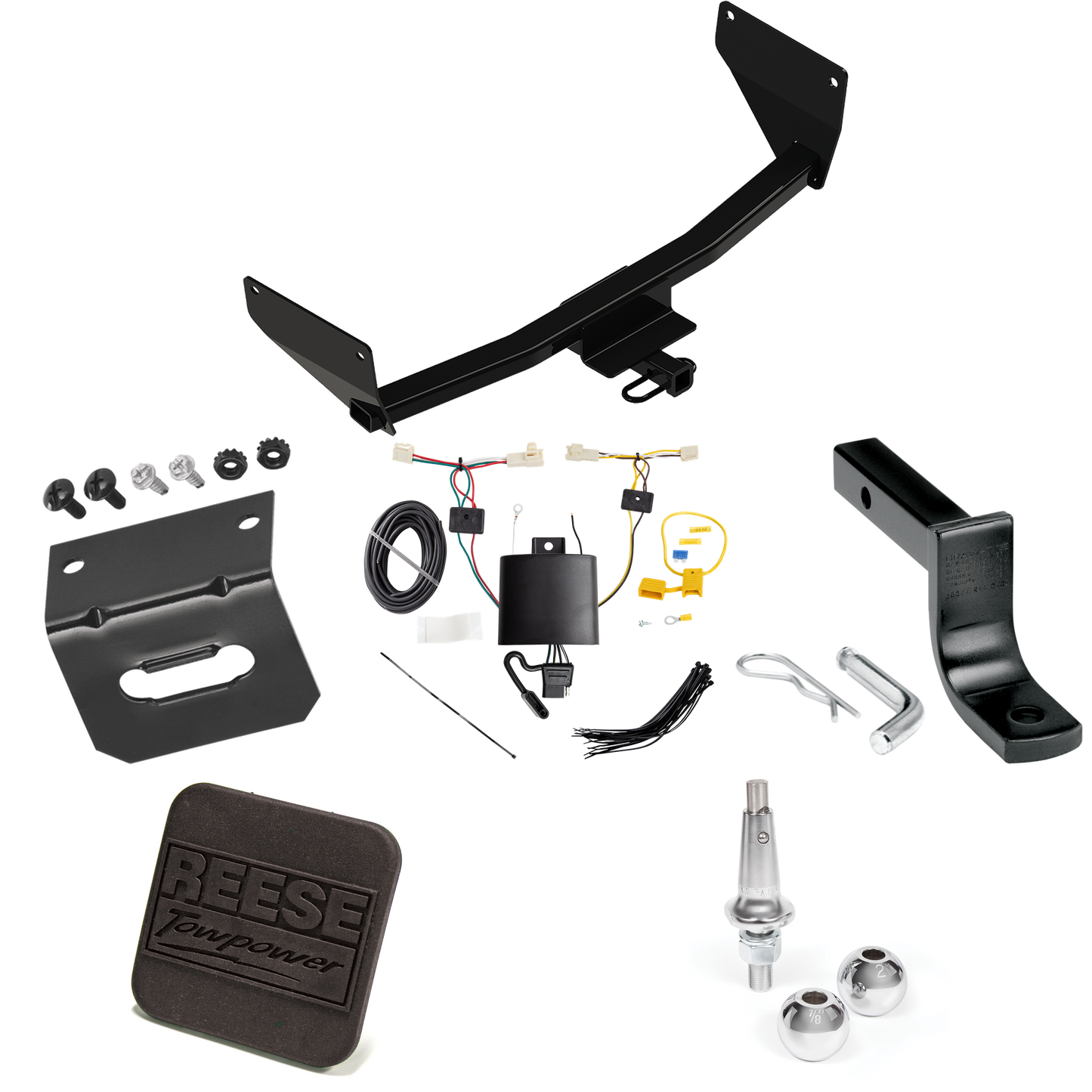 Fits 2019-2023 Toyota RAV4 Trailer Hitch Tow PKG w/ 4-Flat Wiring Harness + Draw-Bar + Interchangeable 1-7/8" & 2" Balls + Wiring Bracket + Hitch Cover By Reese Towpower