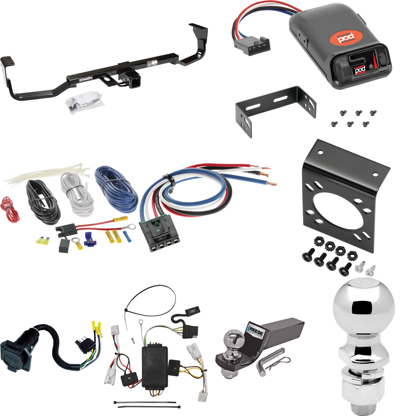 Fits 2007-2009 Hyundai Santa Fe Trailer Hitch Tow PKG w/ Pro Series POD Brake Control + Generic BC Wiring Adapter + 7-Way RV Wiring + 2" & 2-5/16" Ball & Drop Mount By Draw-Tite