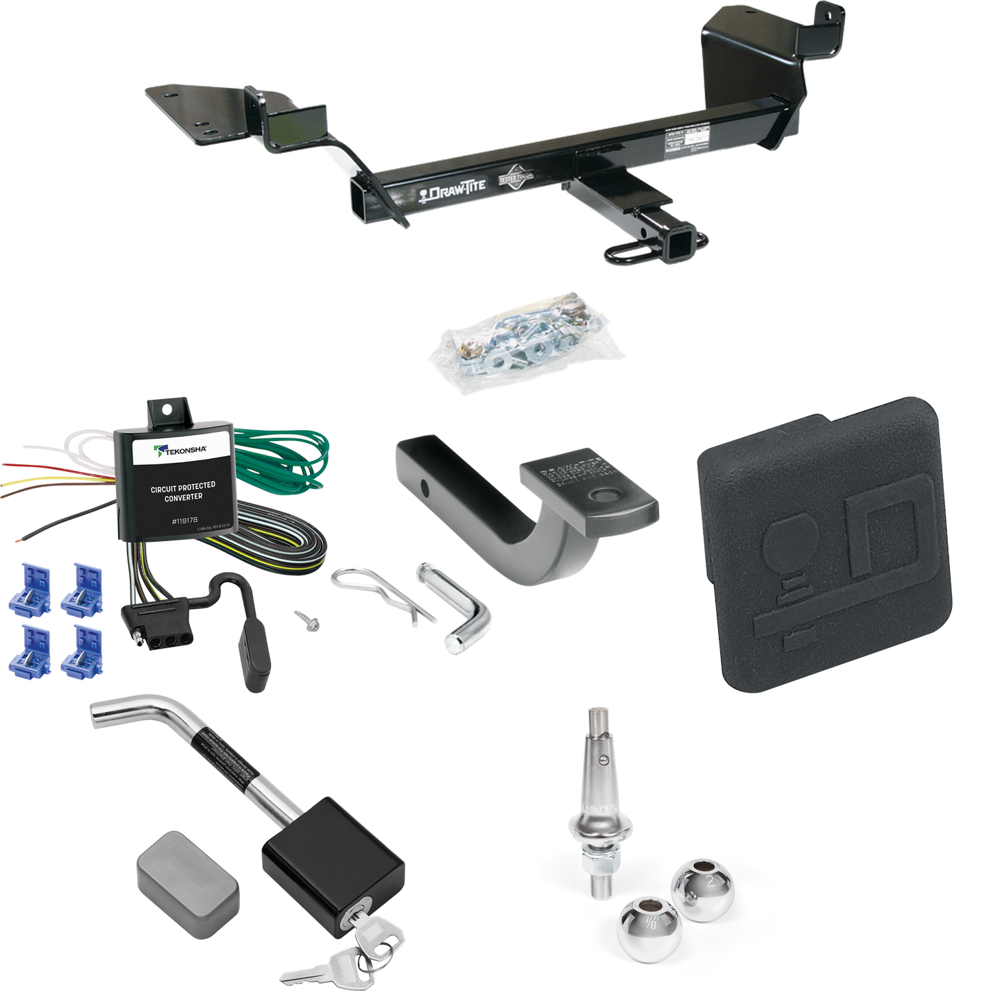 Fits 1998-2002 Oldsmobile Intrigue Trailer Hitch Tow PKG w/ 4-Flat Wiring Harness + Draw-Bar + Interchangeable 1-7/8" & 2" Balls + Hitch Cover + Hitch Lock By Draw-Tite