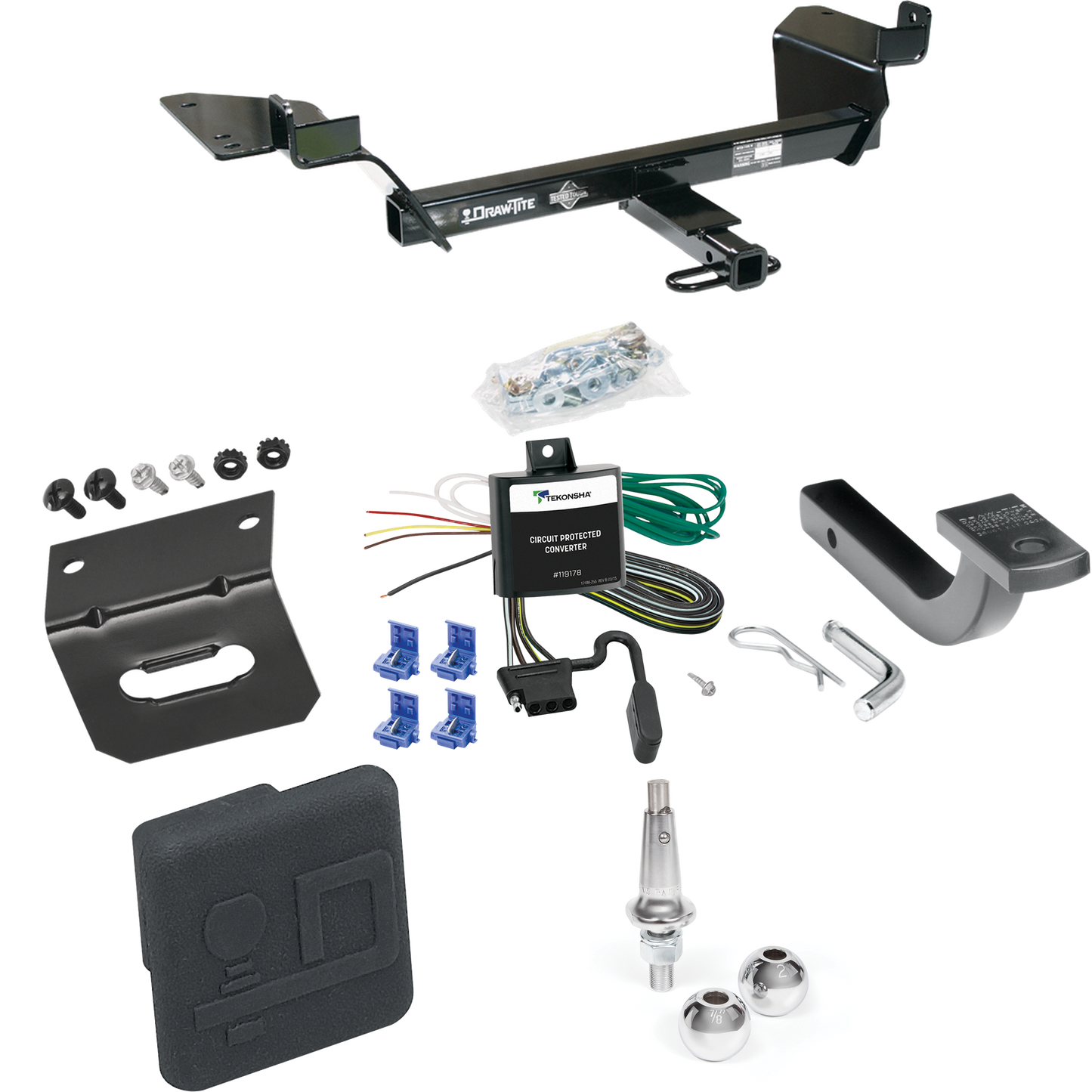 Fits 1998-2002 Oldsmobile Intrigue Trailer Hitch Tow PKG w/ 4-Flat Wiring Harness + Draw-Bar + Interchangeable 1-7/8" & 2" Balls + Wiring Bracket + Hitch Cover By Draw-Tite