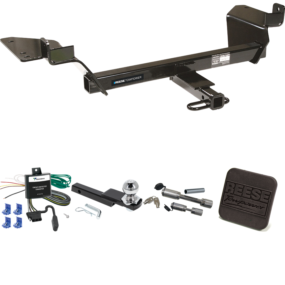 Fits 1998-2002 Oldsmobile Intrigue Trailer Hitch Tow PKG w/ 4-Flat Wiring Harness + Interlock Starter Kit w/ 2" Ball 1-1/4" Drop 3/4" Rise + Hitch Cover + Dual Hitch & Coupler Locks By Reese Towpower