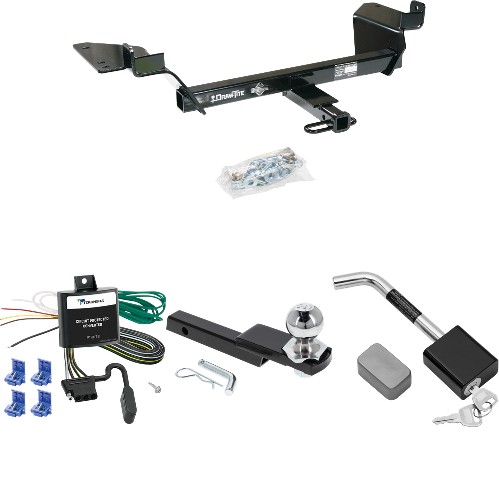 Fits 1998-2002 Oldsmobile Intrigue Trailer Hitch Tow PKG w/ 4-Flat Wiring Harness + Interlock Starter Kit w/ 2" Ball 1-1/4" Drop 3/4" Rise + Hitch Lock By Draw-Tite