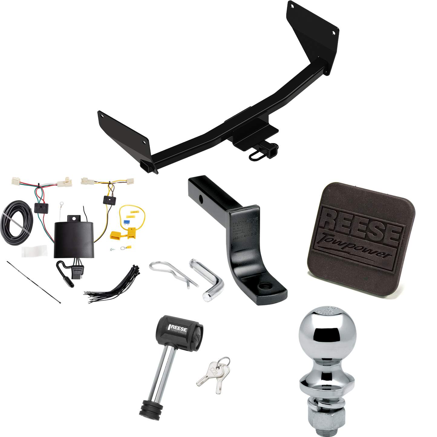 Fits 2019-2023 Toyota RAV4 Trailer Hitch Tow PKG w/ 4-Flat Wiring Harness + Draw-Bar + 1-7/8" Ball + Hitch Cover + Hitch Lock By Reese Towpower