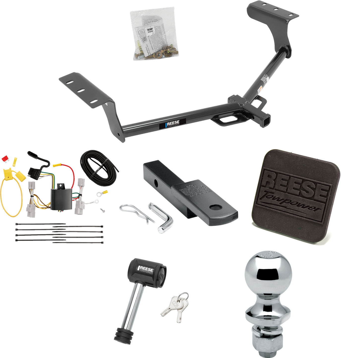 Fits 2006-2012 Toyota RAV4 Trailer Hitch Tow PKG w/ 4-Flat Wiring Harness + Draw-Bar + 1-7/8" Ball + Hitch Cover + Hitch Lock By Reese Towpower