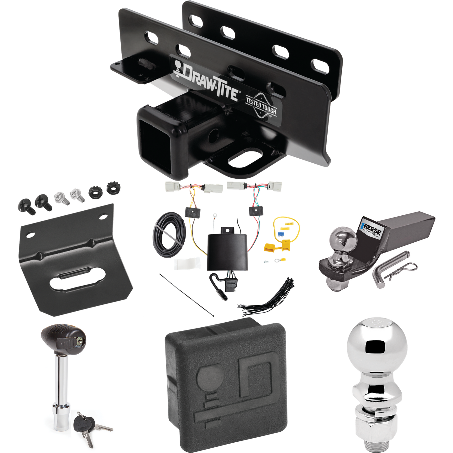 Fits 2021-2023 Ford Bronco Trailer Hitch Tow PKG w/ 4-Flat Wiring + Starter Kit Ball Mount w/ 2" Drop & 2" Ball + 2-5/16" Ball + Wiring Bracket + Hitch Lock + Hitch Cover (For w/LED Taillights, Except Models w/OEM Hitch Models) By Draw-Tite