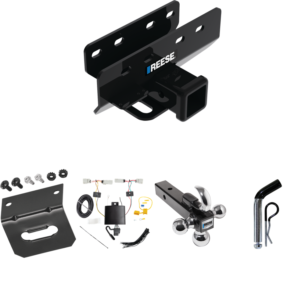 Fits 2021-2023 Ford Bronco Trailer Hitch Tow PKG w/ 4-Flat Wiring Harness + Triple Ball Ball Mount 1-7/8" & 2" & 2-5/16" Trailer Balls w/ Tow Hook + Pin/Clip + Wiring Bracket (For w/LED Taillights, Except Models w/OEM Hitch Models) By Reese Towpower