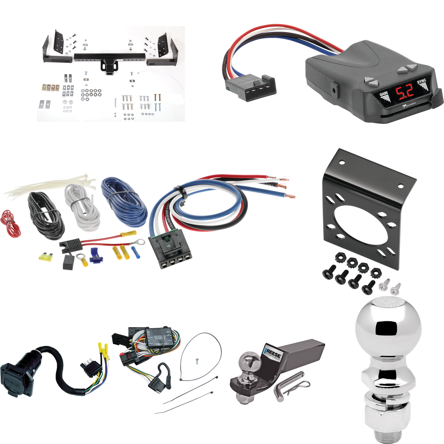 Fits 1996-2000 Plymouth Voyager Trailer Hitch Tow PKG w/ Tekonsha Brakeman IV Brake Control + Generic BC Wiring Adapter + 7-Way RV Wiring + 2" & 2-5/16" Ball & Drop Mount By Reese Towpower