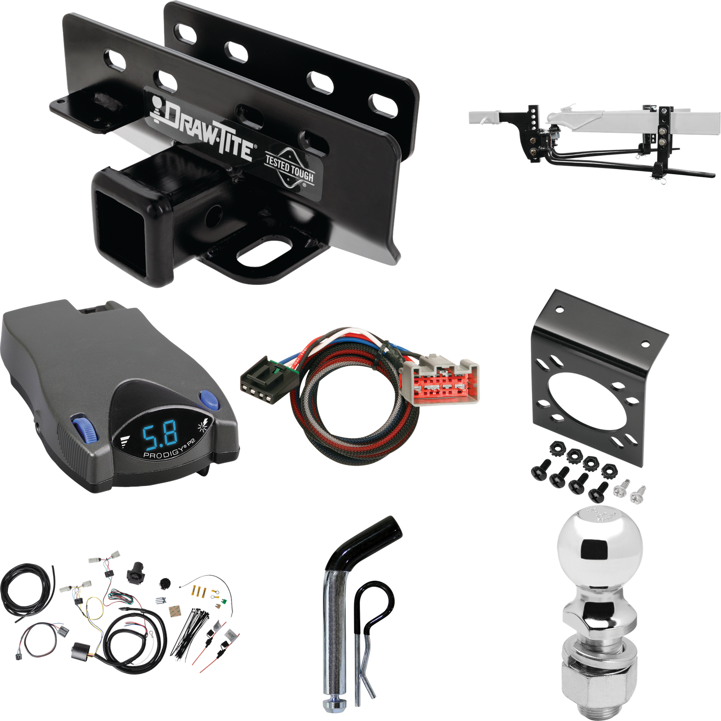 Fits 2021-2023 Ford Bronco Trailer Hitch Tow PKG w/ 8K Round Bar Weight Distribution Hitch w/ 2-5/16" Ball + 2" Ball + Pin/Clip + Tekonsha Prodigy P2 Brake Control + Plug & Play BC Adapter + 7-Way RV Wiring (For w/LED Taillights, Except Models w/OEM