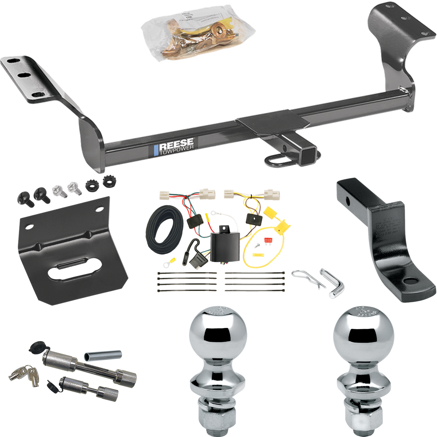 Fits 2009-2013 Toyota Matrix Trailer Hitch Tow PKG w/ 4-Flat Wiring Harness + Draw-Bar + 1-7/8" + 2" Ball + Wiring Bracket + Dual Hitch & Coupler Locks By Reese Towpower