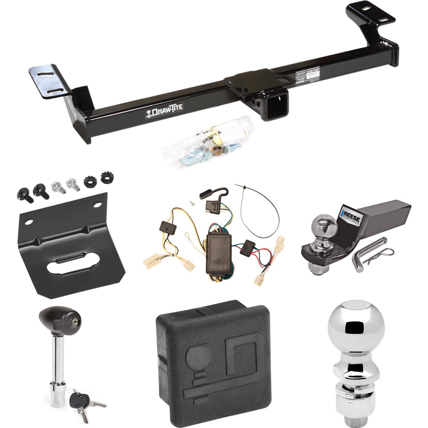 Fits 2001-2005 Toyota RAV4 Trailer Hitch Tow PKG w/ 4-Flat Wiring + Starter Kit Ball Mount w/ 2" Drop & 2" Ball + 2-5/16" Ball + Wiring Bracket + Hitch Lock + Hitch Cover By Draw-Tite