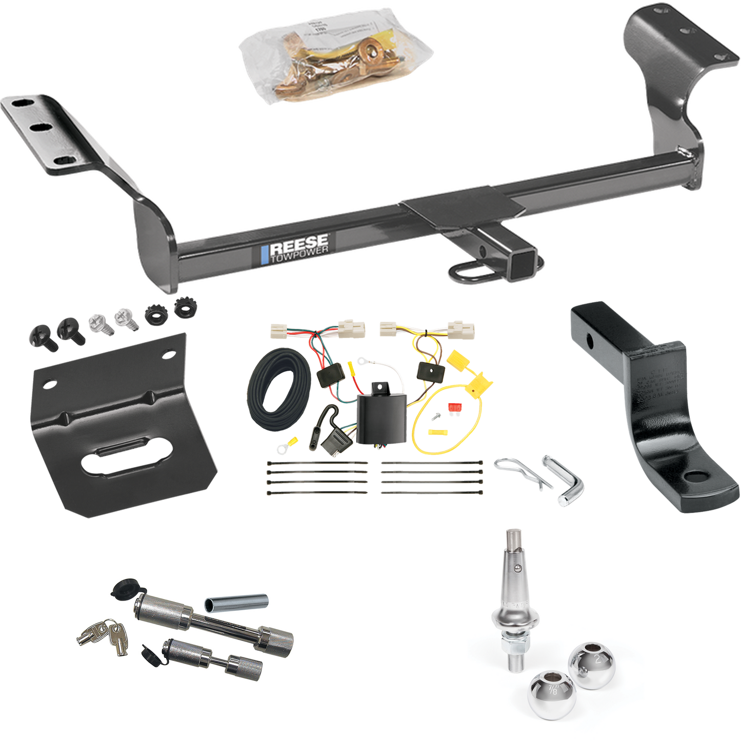 Fits 2009-2010 Pontiac Vibe Trailer Hitch Tow PKG w/ 4-Flat Wiring Harness + Draw-Bar + Interchangeable 1-7/8" & 2" Balls + Wiring Bracket + Dual Hitch & Coupler Locks (Excludes: GT Models) By Reese Towpower