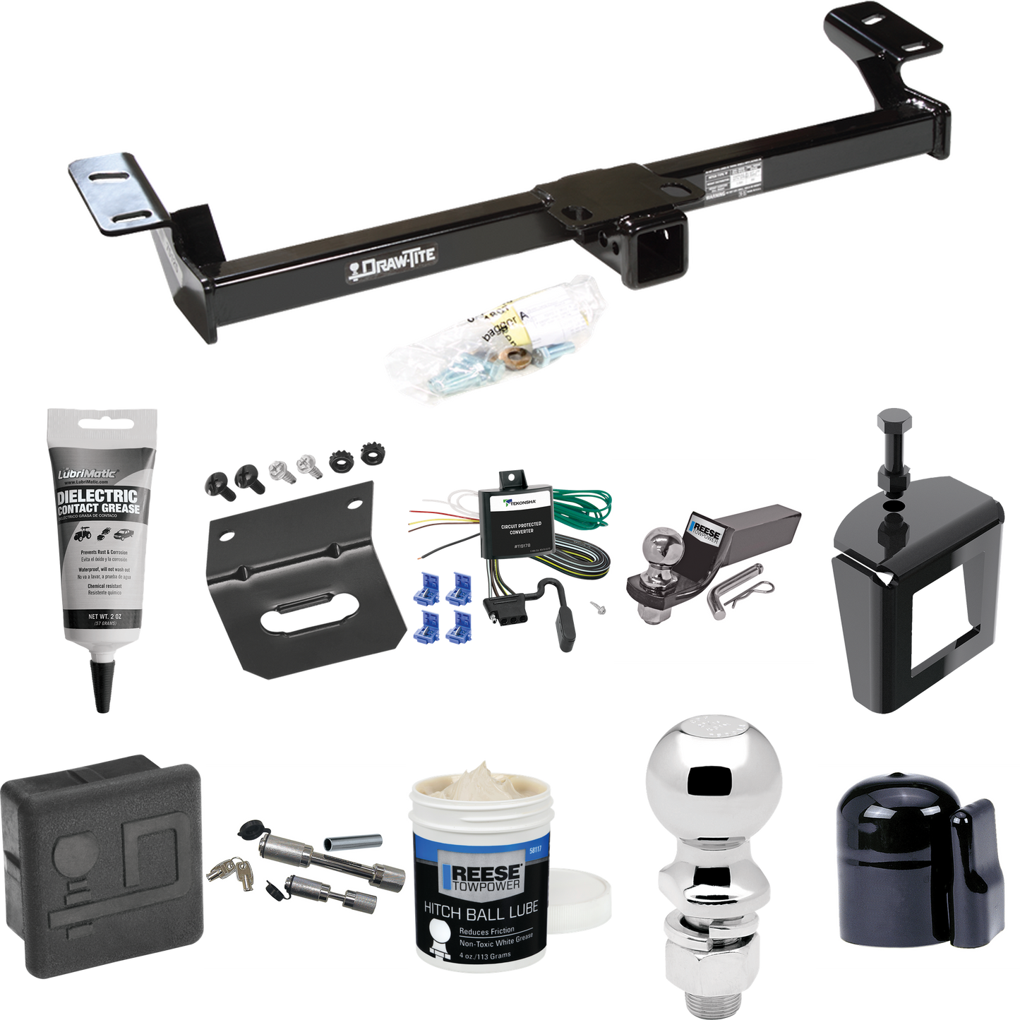 Fits 1996-2000 Toyota RAV4 Trailer Hitch Tow PKG w/ 4-Flat Wiring + Starter Kit Ball Mount w/ 2" Drop & 2" Ball + 2-5/16" Ball + Wiring Bracket + Dual Hitch & Coupler Locks + Hitch Cover + Wiring Tester + Ball Lube +Electric Grease + Ball Wrench + An