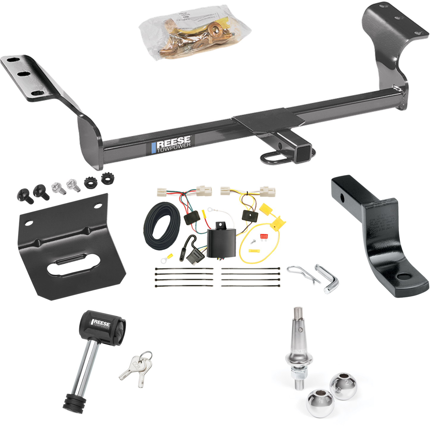 Fits 2009-2013 Toyota Matrix Trailer Hitch Tow PKG w/ 4-Flat Wiring Harness + Draw-Bar + Interchangeable 1-7/8" & 2" Balls + Wiring Bracket + Hitch Lock By Reese Towpower