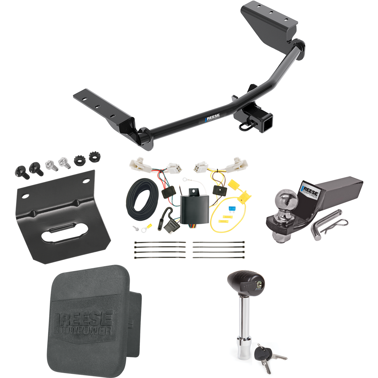 Fits 2013-2018 Toyota RAV4 Trailer Hitch Tow PKG w/ 4-Flat Wiring + Starter Kit Ball Mount w/ 2" Drop & 2" Ball + 1-7/8" Ball + Wiring Bracket + Hitch Lock + Hitch Cover By Reese Towpower