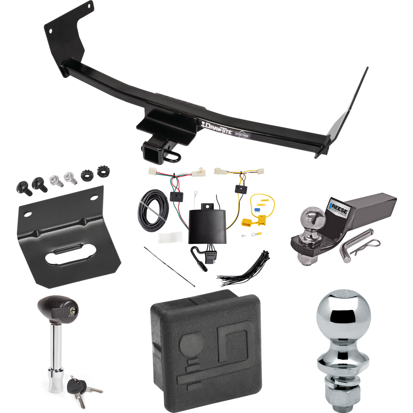 Fits 2019-2023 Toyota RAV4 Trailer Hitch Tow PKG w/ 4-Flat Wiring + Starter Kit Ball Mount w/ 2" Drop & 2" Ball + 1-7/8" Ball + Wiring Bracket + Hitch Lock + Hitch Cover By Draw-Tite