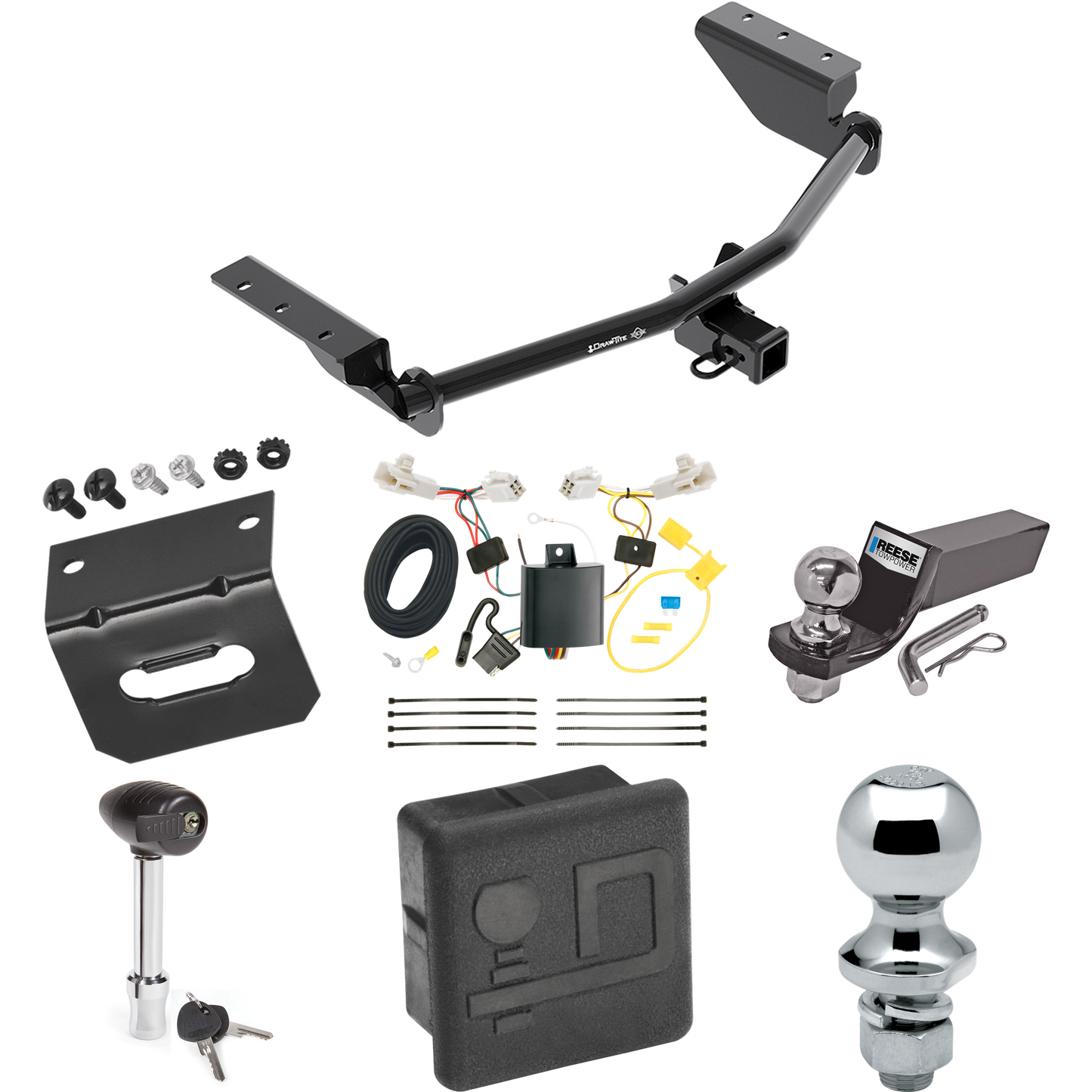 Fits 2013-2018 Toyota RAV4 Trailer Hitch Tow PKG w/ 4-Flat Wiring + Starter Kit Ball Mount w/ 2" Drop & 2" Ball + 1-7/8" Ball + Wiring Bracket + Hitch Lock + Hitch Cover By Draw-Tite