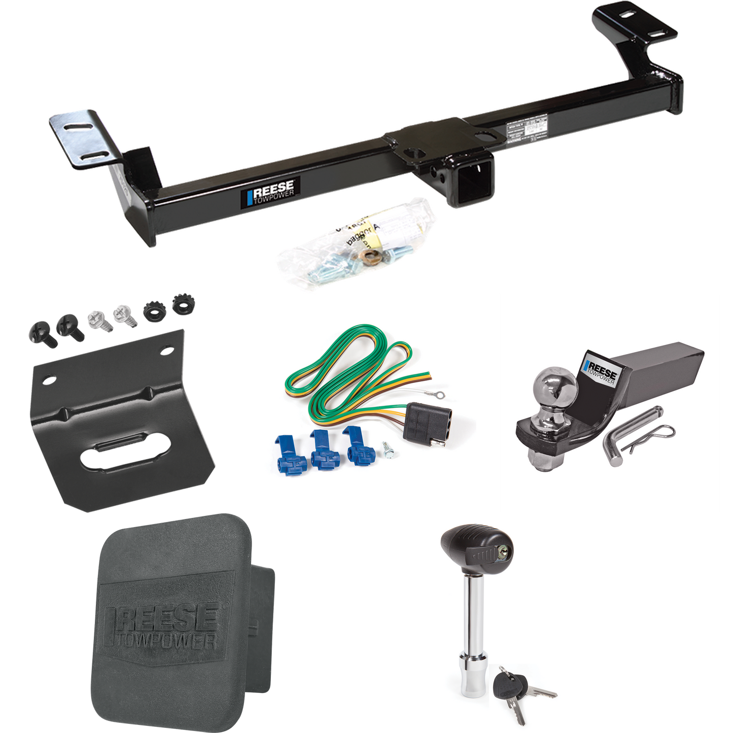 Fits 1996-2000 Toyota RAV4 Trailer Hitch Tow PKG w/ 4-Flat Wiring + Starter Kit Ball Mount w/ 2" Drop & 2" Ball + 1-7/8" Ball + Wiring Bracket + Hitch Lock + Hitch Cover By Reese Towpower