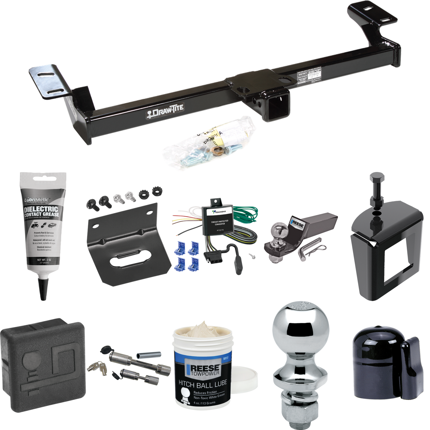 Fits 1996-2000 Toyota RAV4 Trailer Hitch Tow PKG w/ 4-Flat Wiring + Starter Kit Ball Mount w/ 2" Drop & 2" Ball + 1-7/8" Ball + Wiring Bracket + Dual Hitch & Coupler Locks + Hitch Cover + Wiring Tester + Ball Lube +Electric Grease + Ball Wrench + Ant