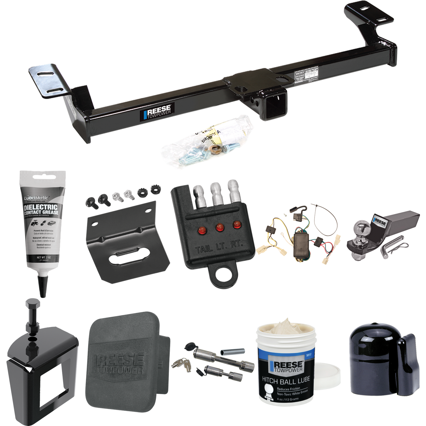 Fits 2001-2005 Toyota RAV4 Trailer Hitch Tow PKG w/ 4-Flat Wiring + Starter Kit Ball Mount w/ 2" Drop & 2" Ball + 1-7/8" Ball + Wiring Bracket + Dual Hitch & Coupler Locks + Hitch Cover + Wiring Tester + Ball Lube + Electric Grease + Ball Wrench + An