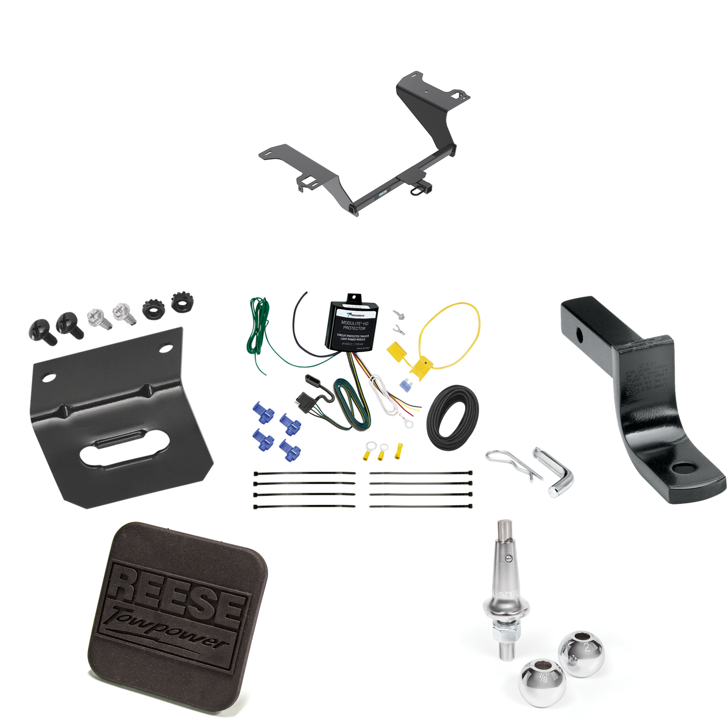 Fits 2015-2019 Hyundai Sonata Trailer Hitch Tow PKG w/ 4-Flat Wiring Harness + Draw-Bar + Interchangeable 1-7/8" & 2" Balls + Wiring Bracket + Hitch Cover (Excludes: Hybrid Models) By Reese Towpower