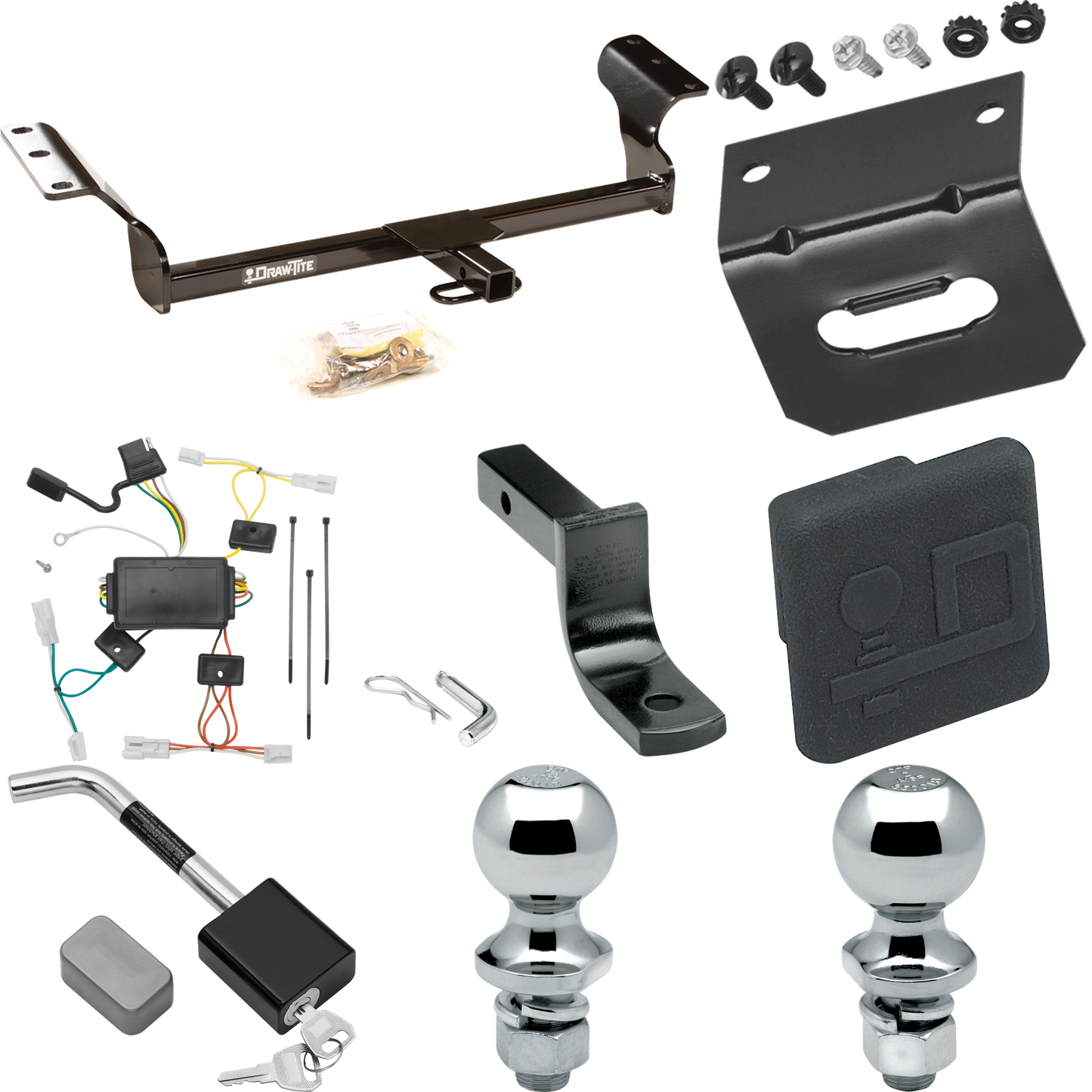 Fits 2003-2008 Pontiac Vibe Trailer Hitch Tow PKG w/ 4-Flat Wiring Harness + Draw-Bar + 1-7/8" + 2" Ball + Wiring Bracket + Hitch Cover + Hitch Lock By Draw-Tite