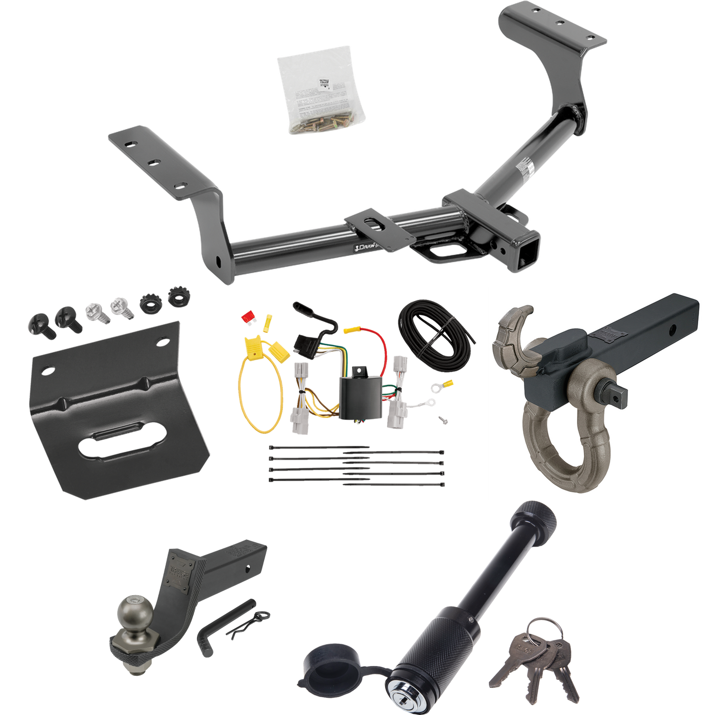 Fits 2006-2012 Toyota RAV4 Trailer Hitch Tow PKG w/ 4-Flat Wiring + Interlock Tactical Starter Kit w/ 3-1/4" Drop & 2" Ball + Tactical Hook & Shackle Mount + Tactical Dogbone Lock + Wiring Bracket By Draw-Tite