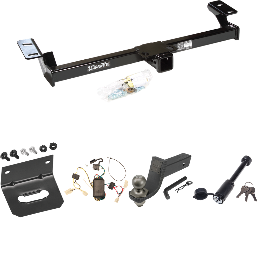 Fits 2001-2005 Toyota RAV4 Trailer Hitch Tow PKG w/ 4-Flat Wiring + Interlock Tactical Starter Kit w/ 3-1/4" Drop & 2" Ball + Tactical Dogbone Lock + Wiring Bracket By Draw-Tite