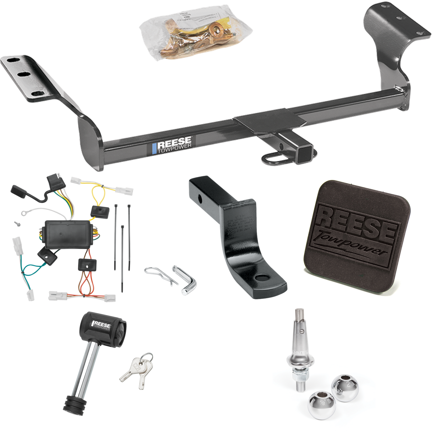 Fits 2003-2008 Pontiac Vibe Trailer Hitch Tow PKG w/ 4-Flat Wiring Harness + Draw-Bar + Interchangeable 1-7/8" & 2" Balls + Hitch Cover + Hitch Lock By Reese Towpower