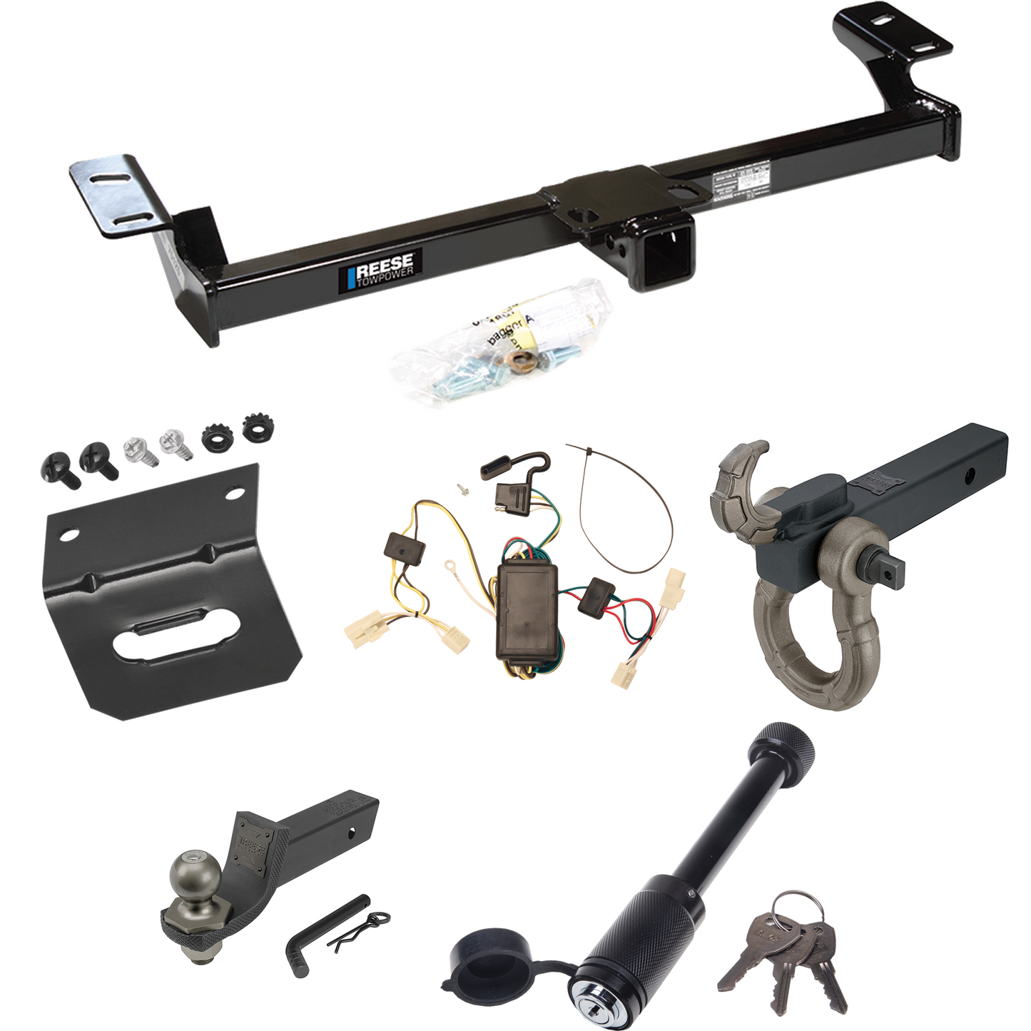 Fits 2001-2005 Toyota RAV4 Trailer Hitch Tow PKG w/ 4-Flat Wiring + Interlock Tactical Starter Kit w/ 2" Drop & 2" Ball + Tactical Hook & Shackle Mount + Tactical Dogbone Lock + Wiring Bracket By Reese Towpower